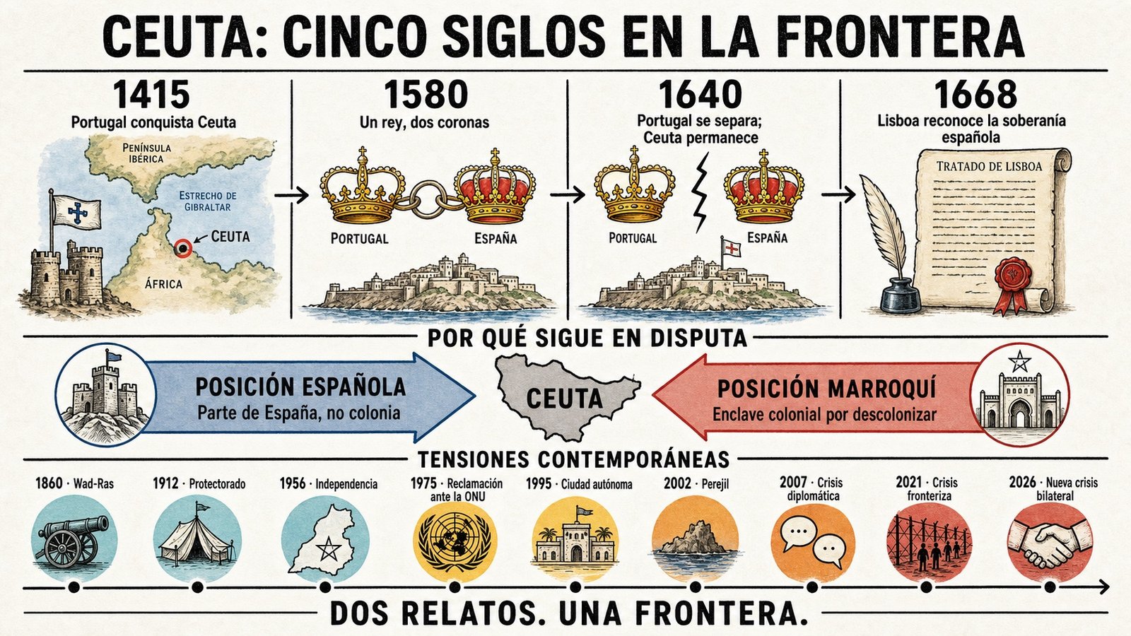 Infografía 16:9: cinco siglos de historia de Ceuta, desde la conquista portuguesa de 1415 hasta las tensiones entre España y Marruecos de 2026